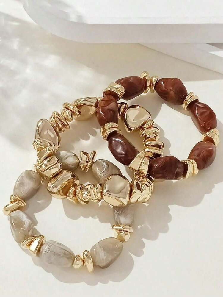 LADYCOCO 3pcs Vintage Multi-Layer Brown Acrylic Beaded Bracelet, Transformable Gold Chip Bracelet... | SHEIN