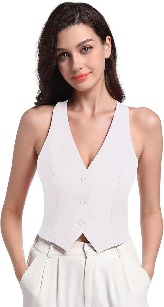 V VOCNI Vest for Women V Neck Suit Vest Sleeveless Racerback Fashion Dressy Crop Vest Top Fitted ... | Amazon (US)