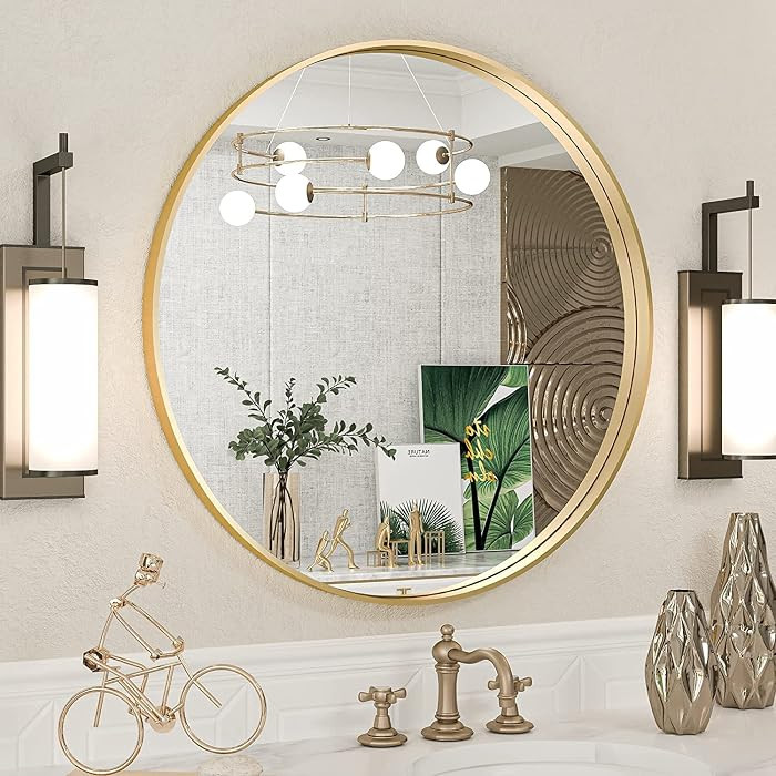 Brushed Gold Round Mirror 24 Inch Gold Round Vanity Bathroom Mirror for Wall Aluminum Alloy Matte... | Amazon (US)
