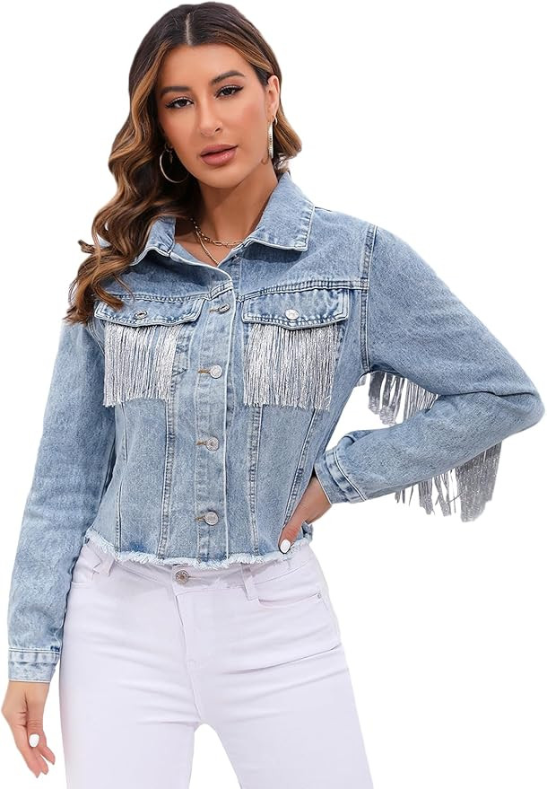 Women Fringe Denim Jackets Casual Oversized Jean Coats | Amazon (US)