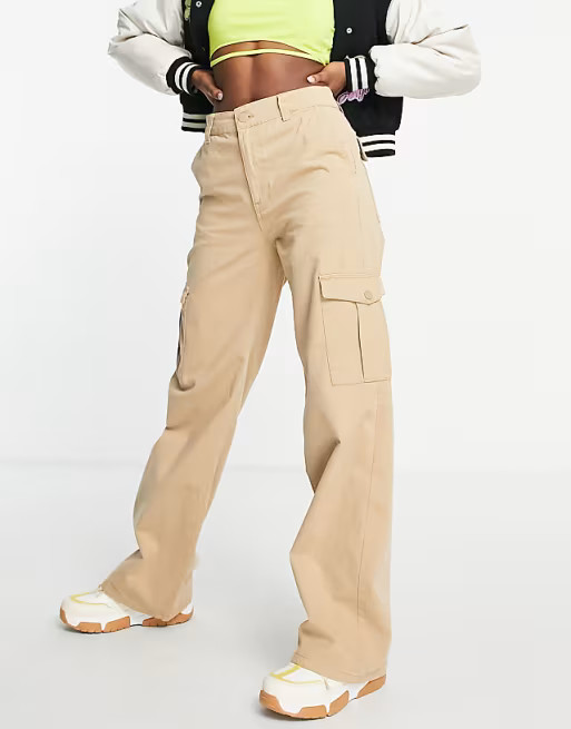 Pull&Bear high waist wide leg cargo pants in beige | ASOS (Global)