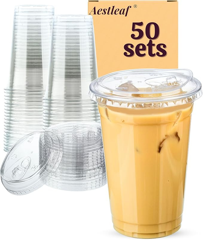Clear Plastic Cups with Sip-Lids, 20 oz 50 Sets Disposable Coffee Cups Plastic Iced Coffee Cups w... | Amazon (US)