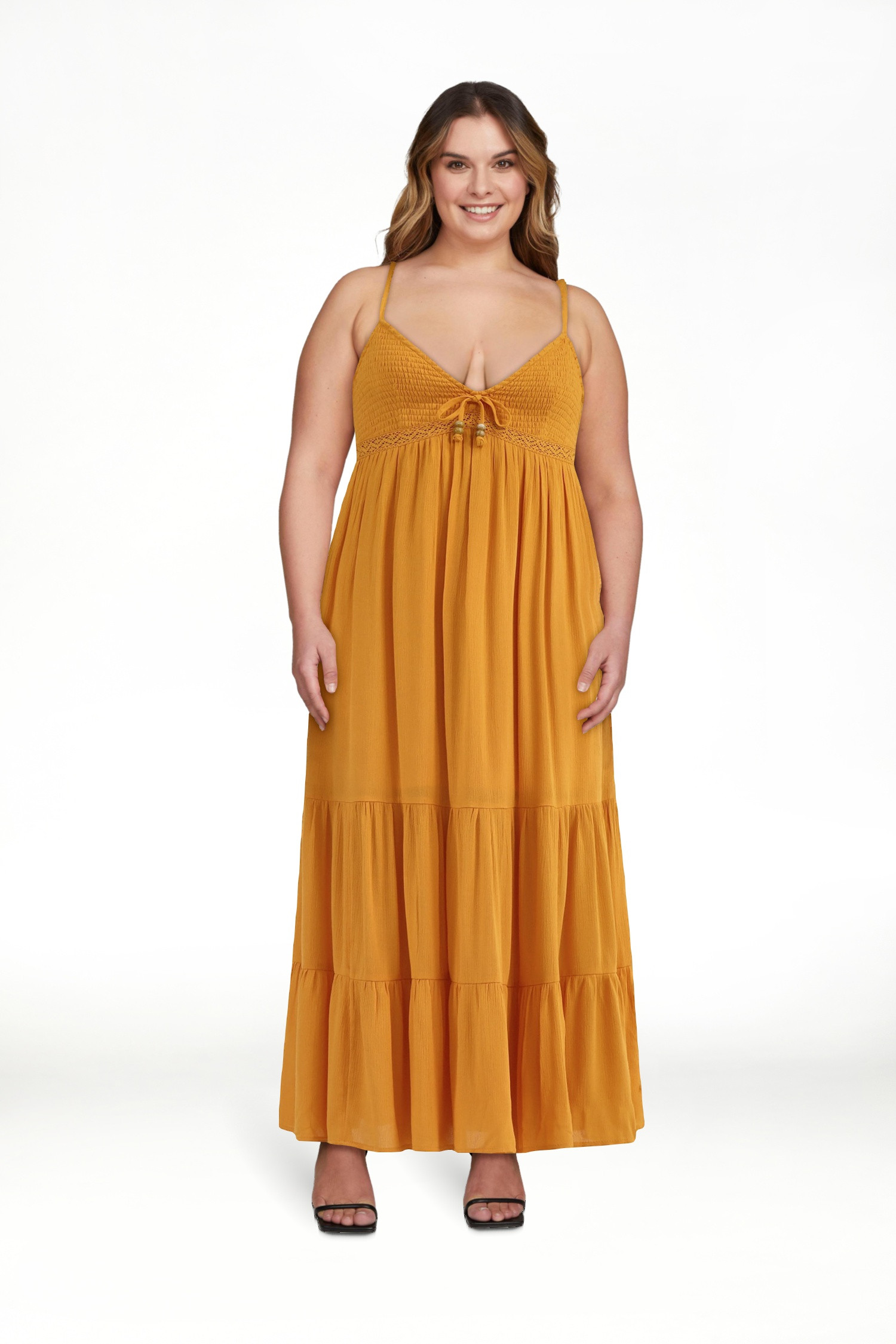 No Boundaries Tiered Maxi Dress with Crochet Lace Trim, Women's | Walmart (US)