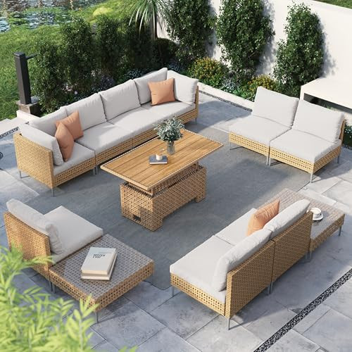 Grand patio 12-Piece Patio Wicker Furniture Set with Lift Top Coffee Storage Table, Outdoor Conversation Set Sectional Sofa with Water Resistant Thick Cushions, Cream | Amazon (US)