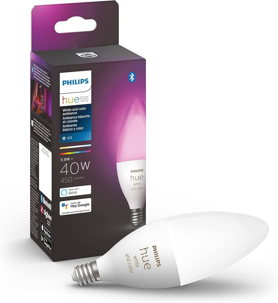 Philips Hue Smart 40W B39 Candle-Shaped LED Bulb - White and Color Ambiance Color-Changing Light ... | Amazon (US)