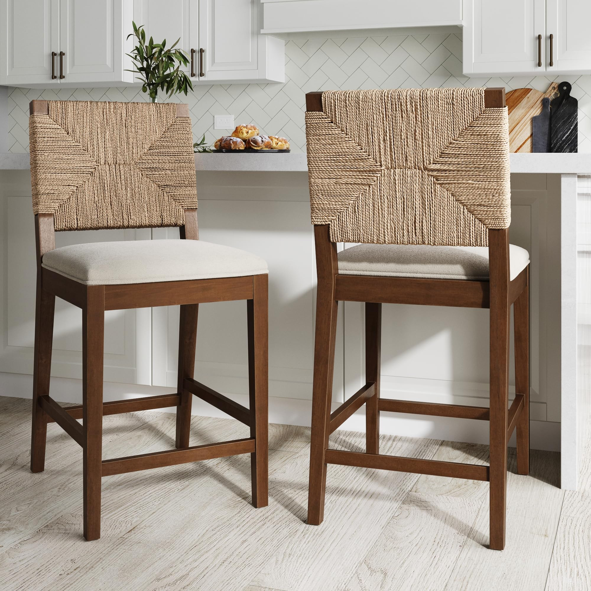 Nathan James Beacon Bohemian Boucle Bar Stool, Upholstered Bar Stool or Island Chairs for Kitchen, Seagrass Counter Height Stool with Back and Solid Wood Legs, Cream Boucle/Dark Brown, Set of 2 | Amazon (US)
