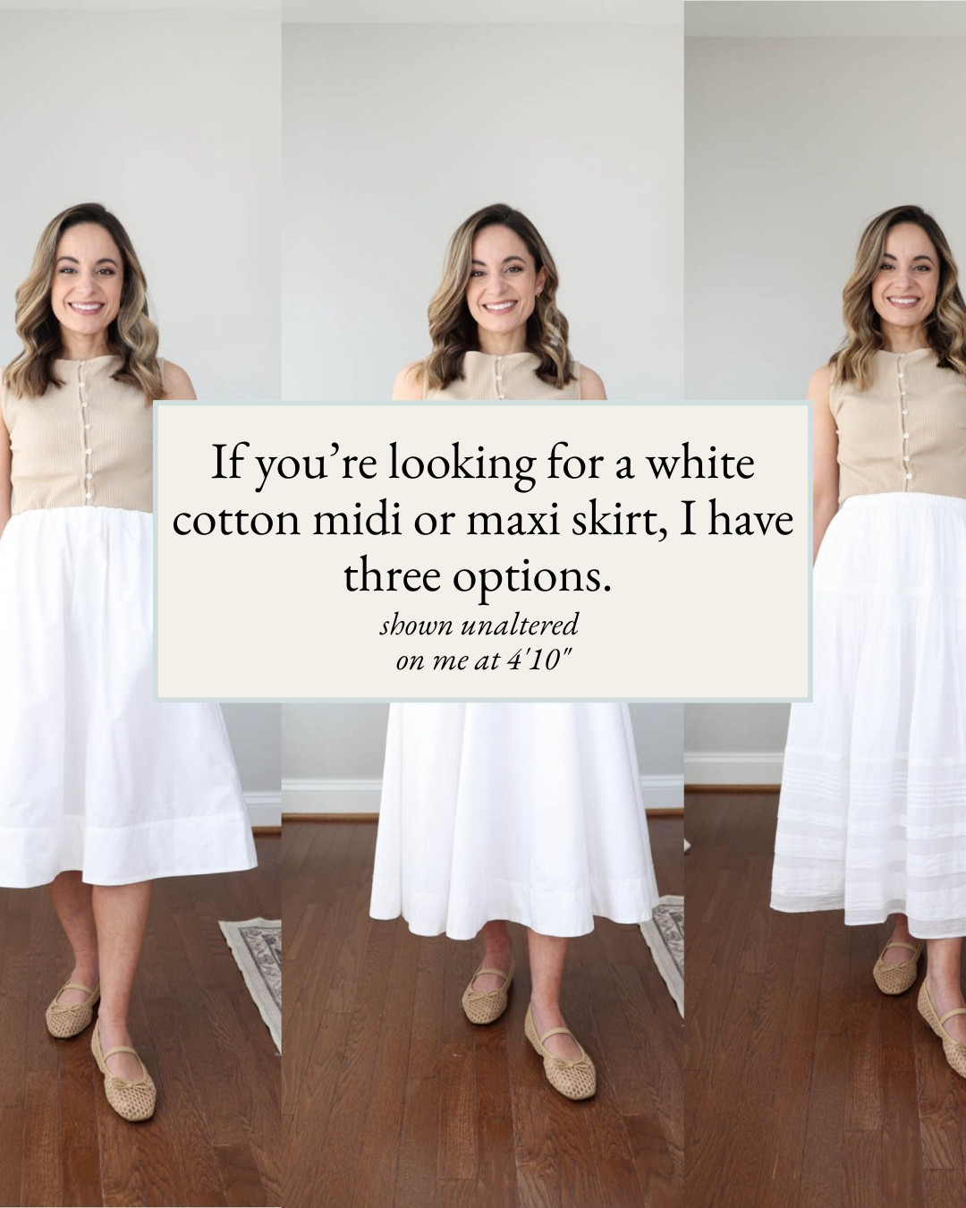 I tried three petite-friendly white cotton midi and maxi skirts to compare the fit for you. 

J.Crew Skirt: Petite XXS - true to size, pull on style. Unlined.

Ann Taylor Skirt: Petite 00 - runs large, I recommend a size down. Zipper closure, fully lined. 

Abercrombie Skirt: Petite XXS - true to size, pull on style. Fully lined. 

Top (Ann Taylor): Petite XXS
Shoes (J.Crew Factory): True to size 

My Sizing: I’m 4’10”, and my bust, waist, and hip measurements are 32″, 24″, and 36″. My ankle inseam is 25". 

 #LTKPetite
