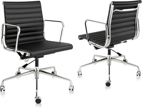 Ribbed Office Chair Black Genuine Leather Office Chair Mid Back Swivel Chairs Ergonomic Computer ... | Amazon (US)