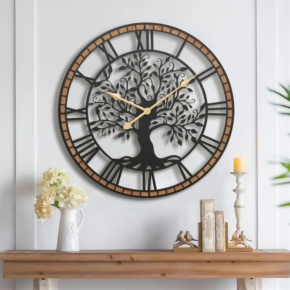 Lark Manor™ 24 In Large Tree Of Life Wall Clock, Metal Black Modern Wall Clock With Solid Wood ... | Wayfair North America