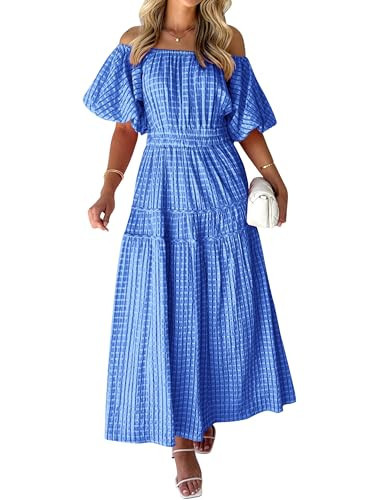 MASCOMODA Summer Dresses for Women 2024 Maxi Off The Shoulder Short Puff Sleeve Smocked A Line Flowy Long Dress(Dark Blue,Large) | Amazon (US)