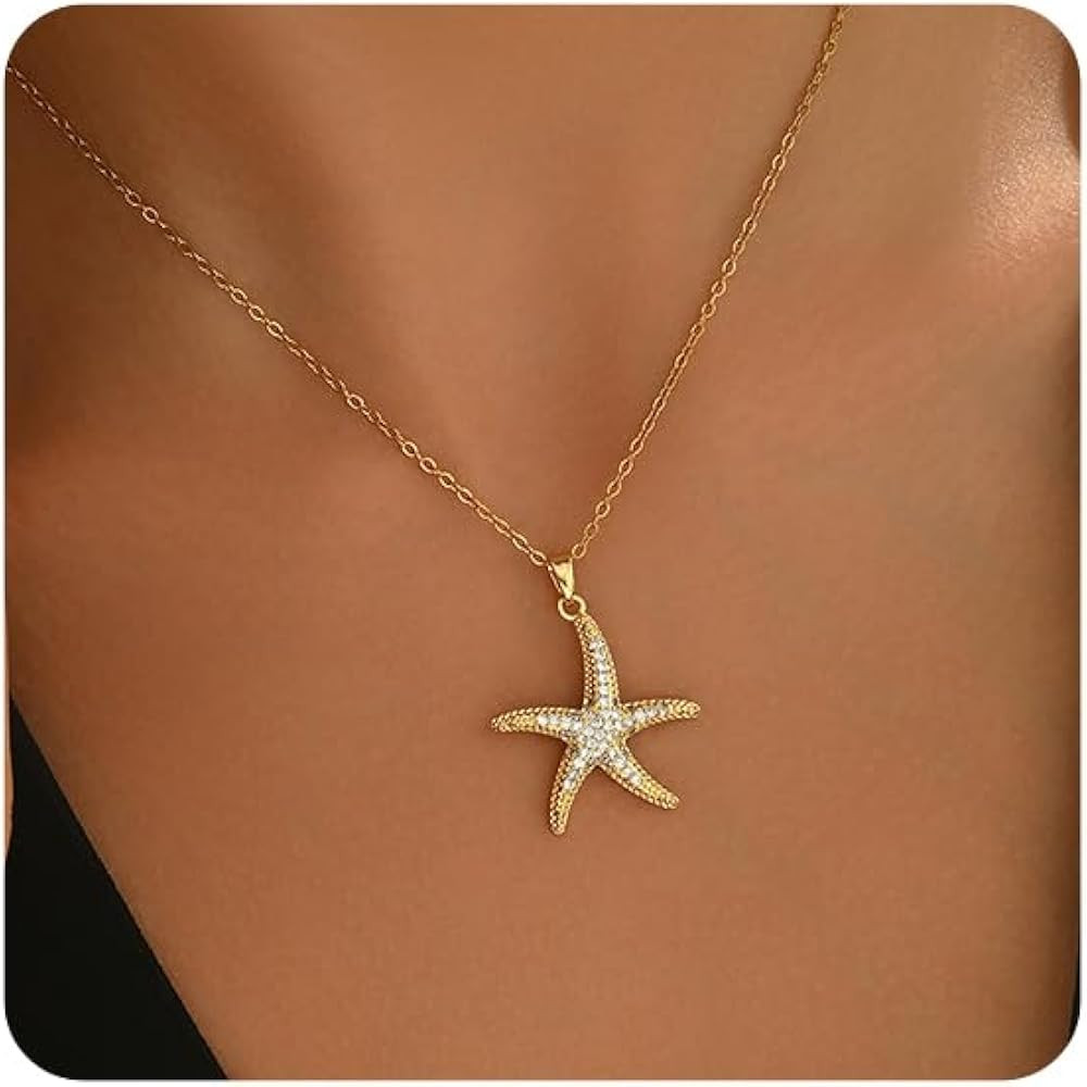 18K Gold Plated CZ Starfish Moon Pendant Necklace for Women Created Round White Opal Choker Neckl... | Amazon (US)
