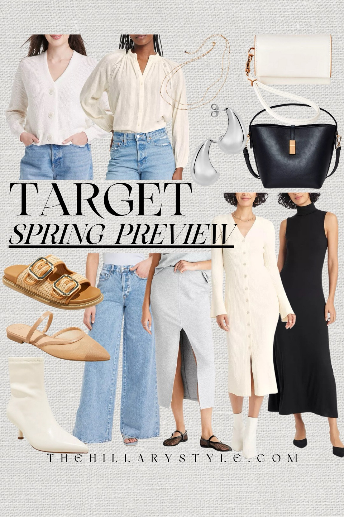 Target Spring Fashion Preview:
Transitional styles to take you through winter to spring. Sweaters dress, tank dress, midi dress, winter dress, spring dress, midi skirt, wide leg denim, cardigan sweater, balloon sleeve top, black handbag, white wristlet, purse, handbag, white boots, mesh flats, sandals, silver earrings, gold layered necklace. Winter to spring transitional fashion.

#LTKSeasonal #LTKStyleTip #LTKFindsUnder50