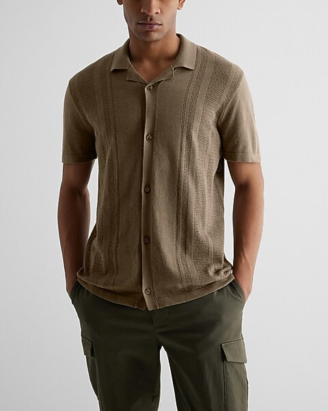 Open Knit Striped Short Sleeve Sweater Polo | Express