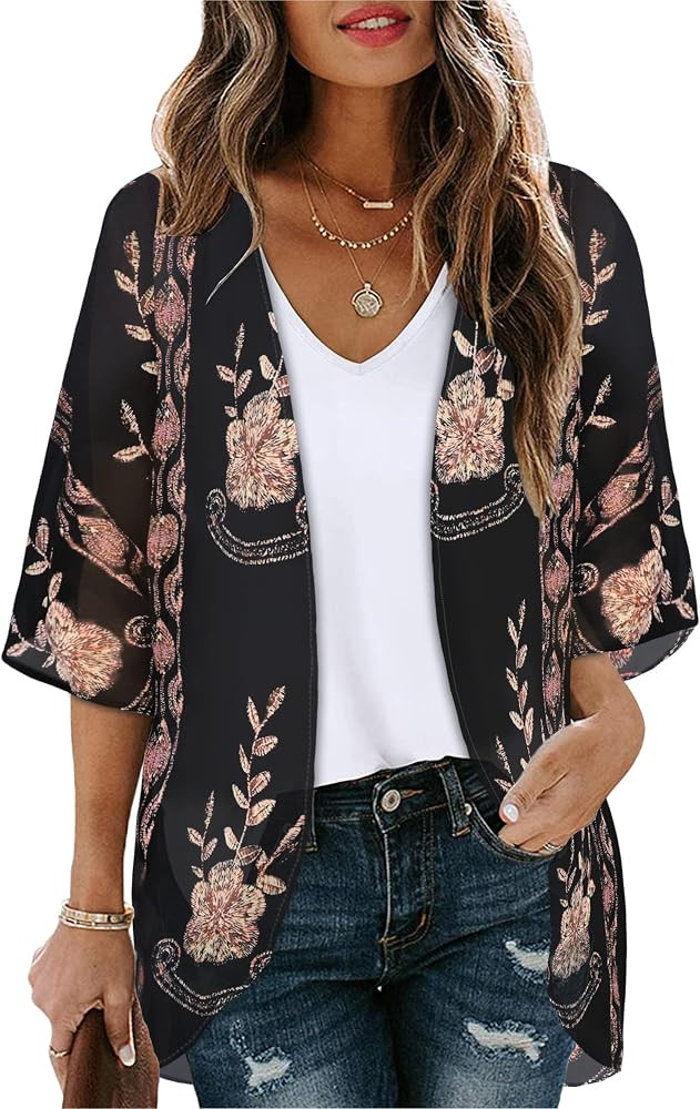 Women's Floral Print Puff Sleeve Kimono Cardigan Loose Cover Up Casual Blouse Tops | Amazon (US)