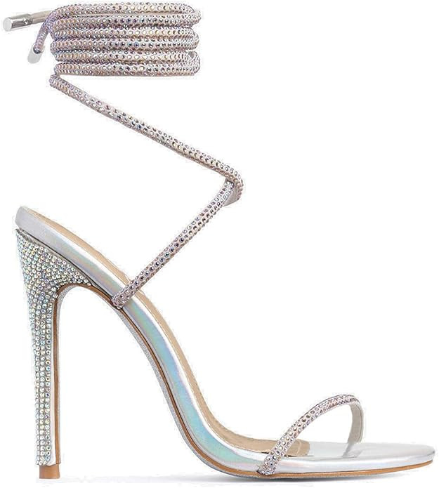 MissHeel Lace Up Rhinestone High Heel Sandals Silver | Amazon (US)