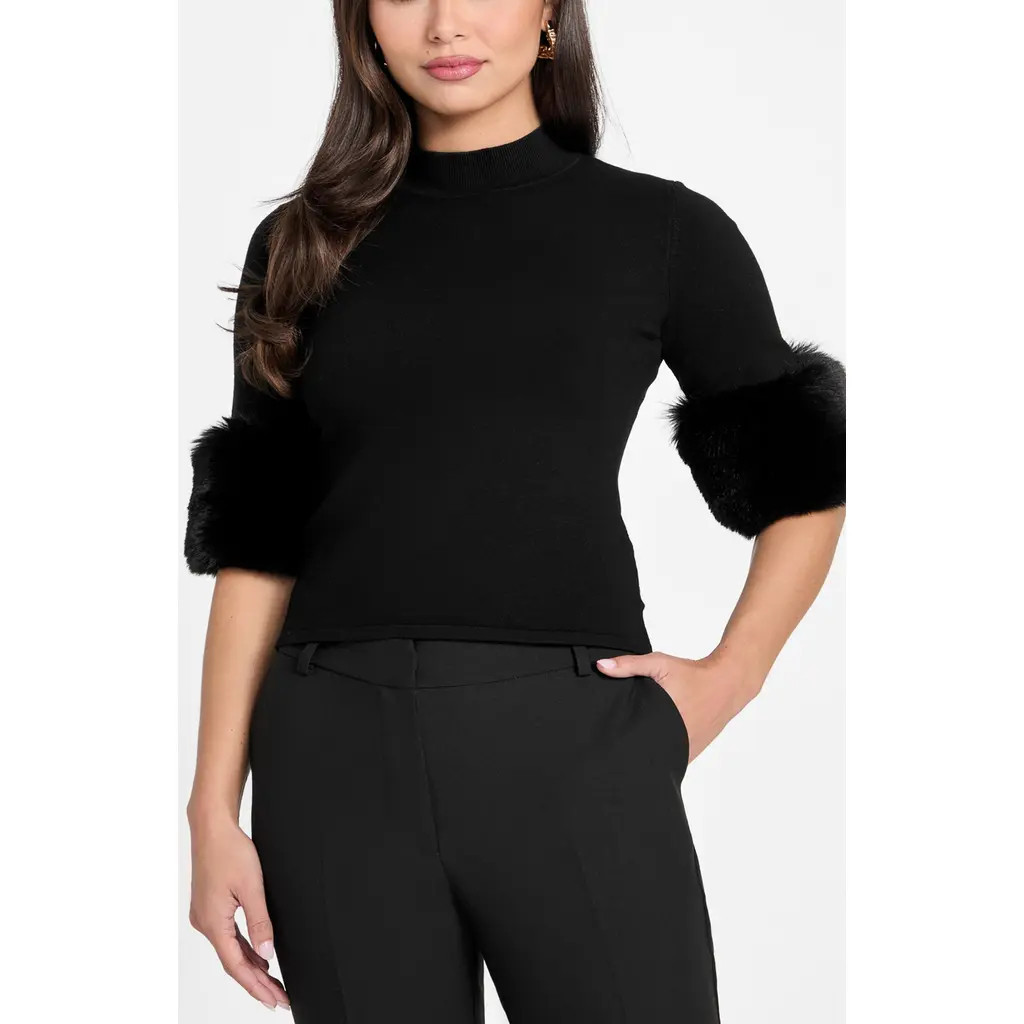Marciano Faux Fur Cuff Festive Sweater in Jet Black-Black at Nordstrom, Size Small | Nordstrom