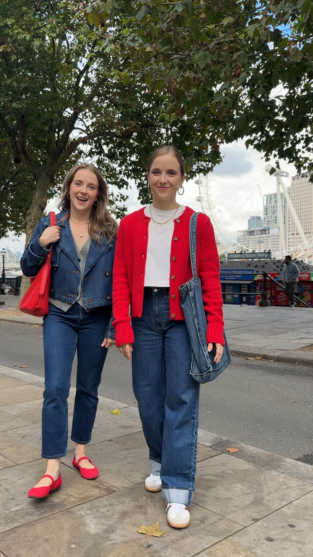 Twins in London outfit of the day
25 short in both jeans
Xs trench
Xs p vest
Xs p cropped white tee
Xs red cardigan 

#LTKStyleTip #LTKSaleAlert