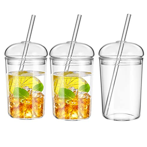 UPKOCH 3 Pack Glass Cups with Lids and Straws Iced Coffee Cups 16 oz Clear Cups with Dome Lids Reusable Tumbler for Smoothie Bubble Tea | Amazon (US)