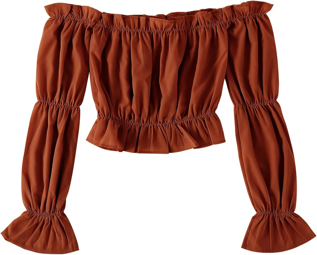 LYANER Women's Off Shoulder Ruffle Trim Puff Long Sleeve Tube Crop Blouse Shirt Top | Amazon (US)