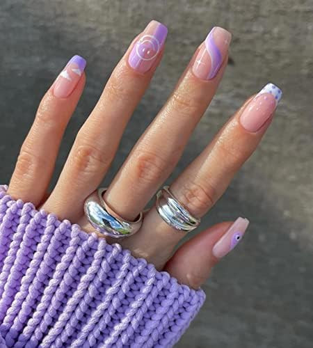24 Pcs Acrylic Press on Nails Short | Medium, Glue on Nails for Women, Fake Nails with Glue (Purple  | Amazon (US)