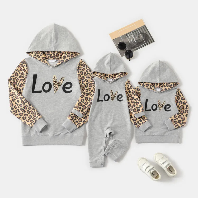 Family Matching Letter Print Grey Splicing Leopard Long-sleeve Hoodies | PatPat