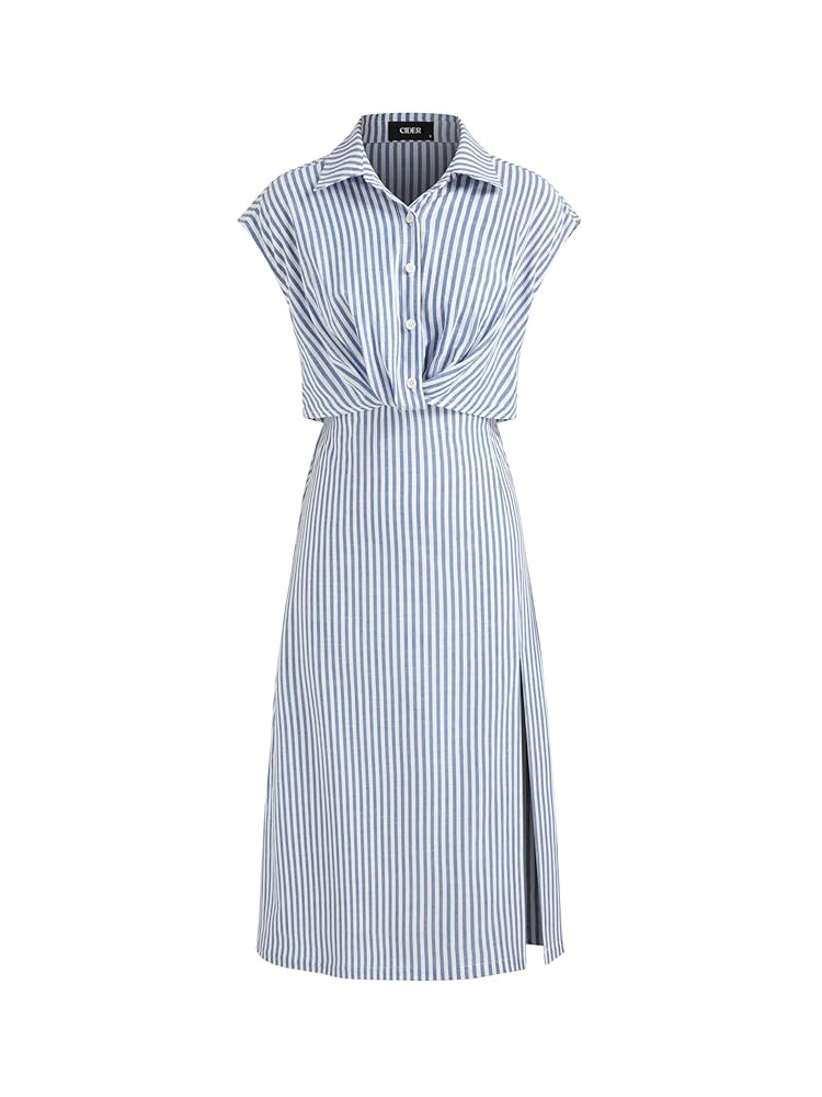 CIDER Summer Dresses for Women Sleeveless Collar Striped Midi Shirt Dress High Waist Cotton-Blend... | Amazon (US)