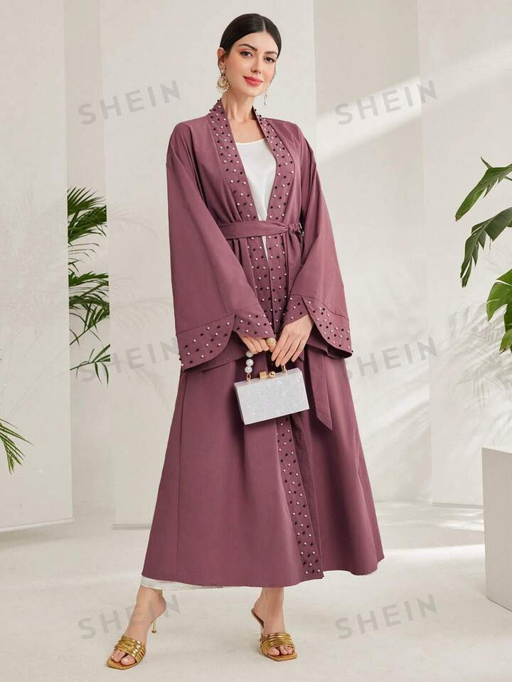 SHEIN Najma Women Loose Fit Belted Robe With Flared Sleeves, Casual Arabic Kaftan | SHEIN