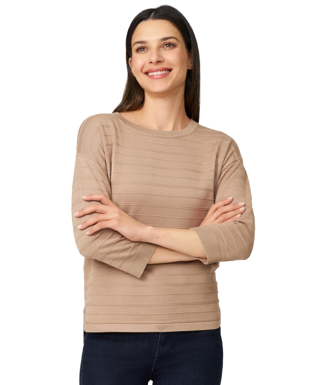 Melissa Paige Women's Ottoman-Rib Crewneck 3/4-Sleeve Sweater - Camel | Macy's