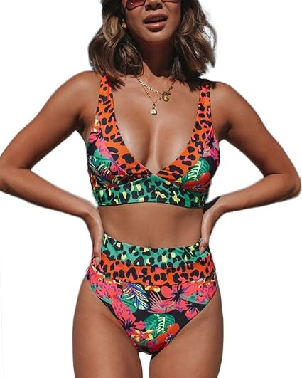 popvil Bikini Sets for Women Floral Print High Waisted Bathing Suits V Neck Two Piece Swimsuit | Amazon (US)