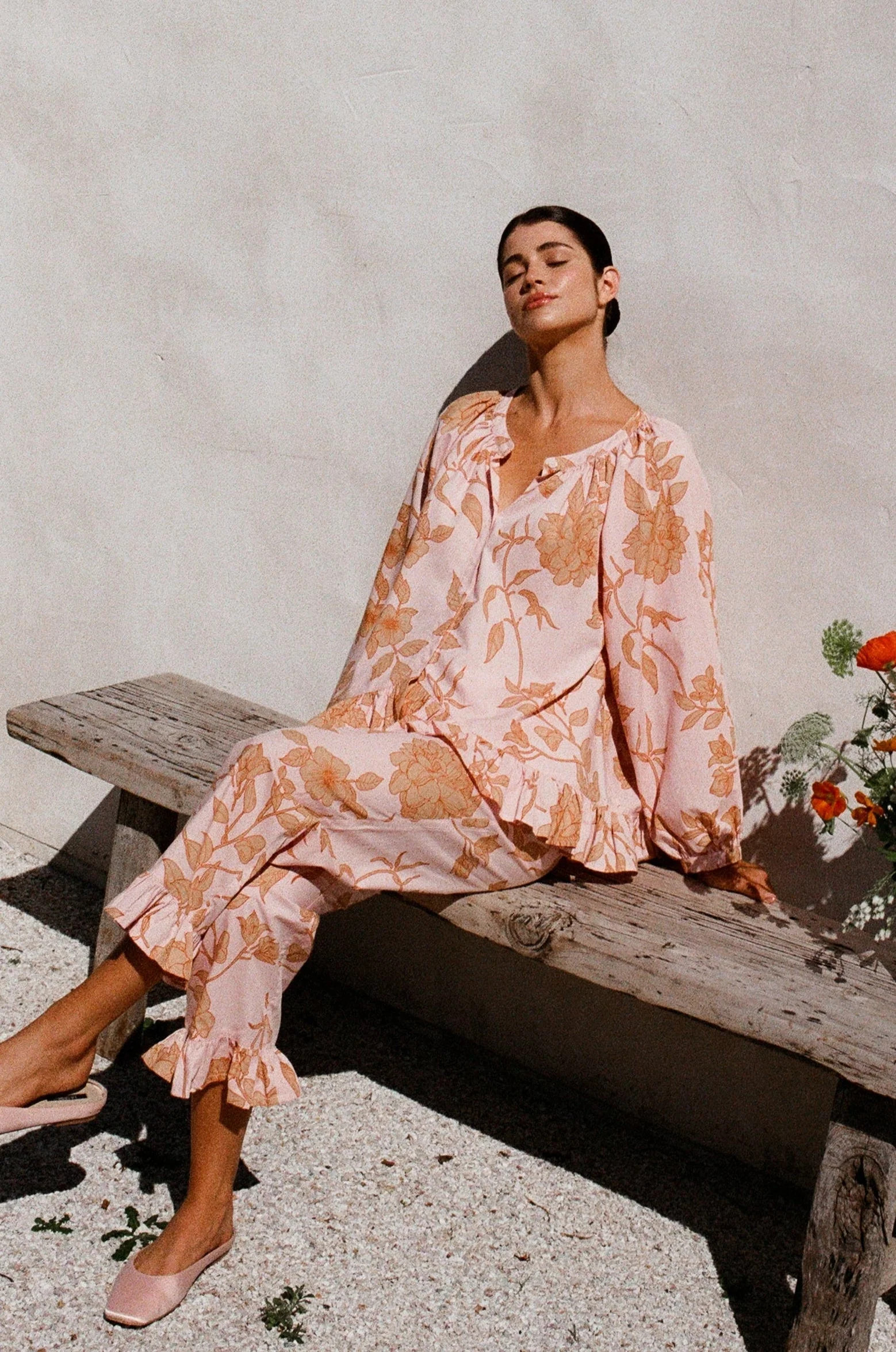 Sophie Pajama Set - Long - Cotton Modal - Romantic Floral Peach | Piyama US