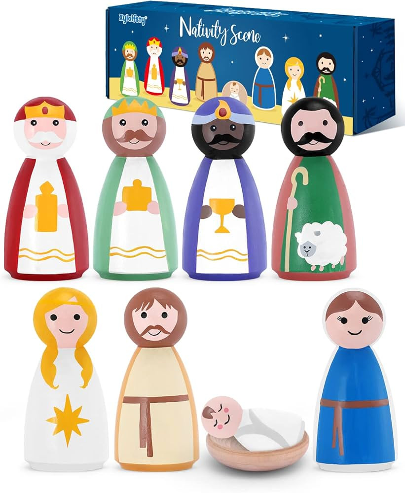 Xylolfsty 8pcs Nativity Set Peg Dolls Wooden Christmas Toys Playset Jesus Birth Angel Mary Joseph... | Amazon (US)