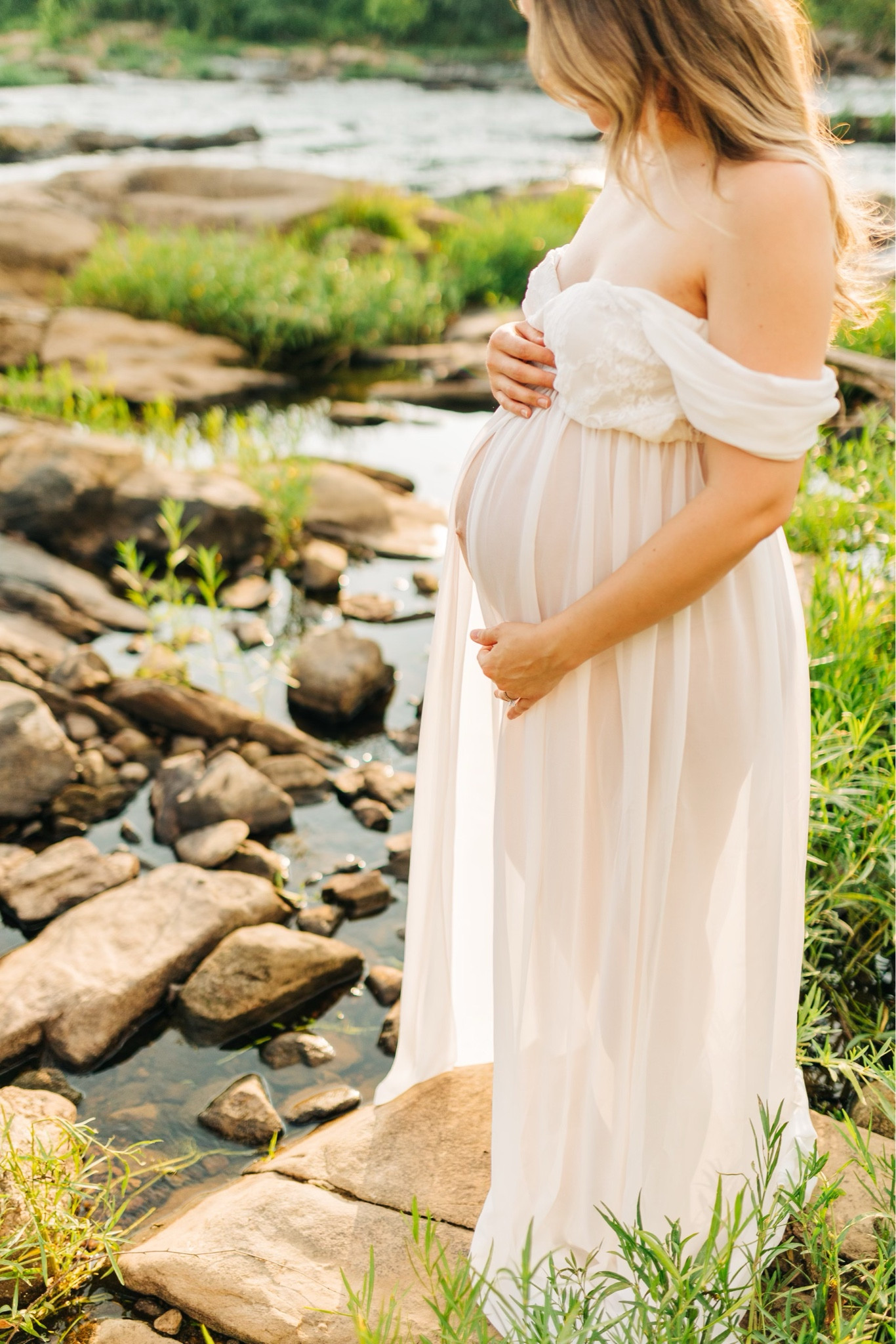Beautiful long flowy open front maternity dress! Perfect for a maternity photoshoot, elegant and romantic off-the-shoulder lace dresss

#LTKStyleTip #LTKBaby #LTKBump