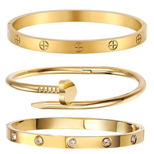 18K Gold Plated Stainless Steel Love Nail Bangle Clover Bracelet Set Stackable Dupes for Love Trendy Jewelry (gold) | Amazon (US)