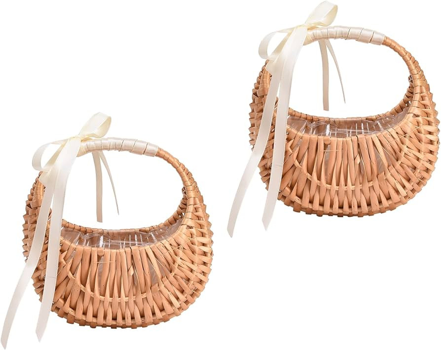 2 PCS Rattan Flower Baskets Half Moon Wicker Basket Willow Straw Basket Small Flower Girl Basket ... | Amazon (US)