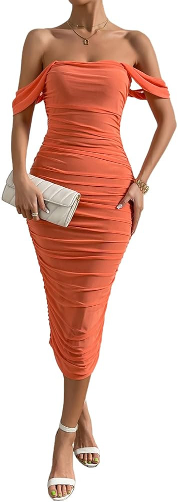 Pofash Women's One Shoulder Sleeveless Mesh Ruched Cocktail Club Party Midi Bodycon Dress | Amazon (US)
