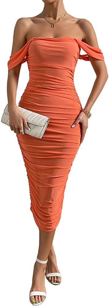 Pofash Women's One Shoulder Sleeveless Mesh Ruched Cocktail Club Party Midi Bodycon Dress | Amazon (US)