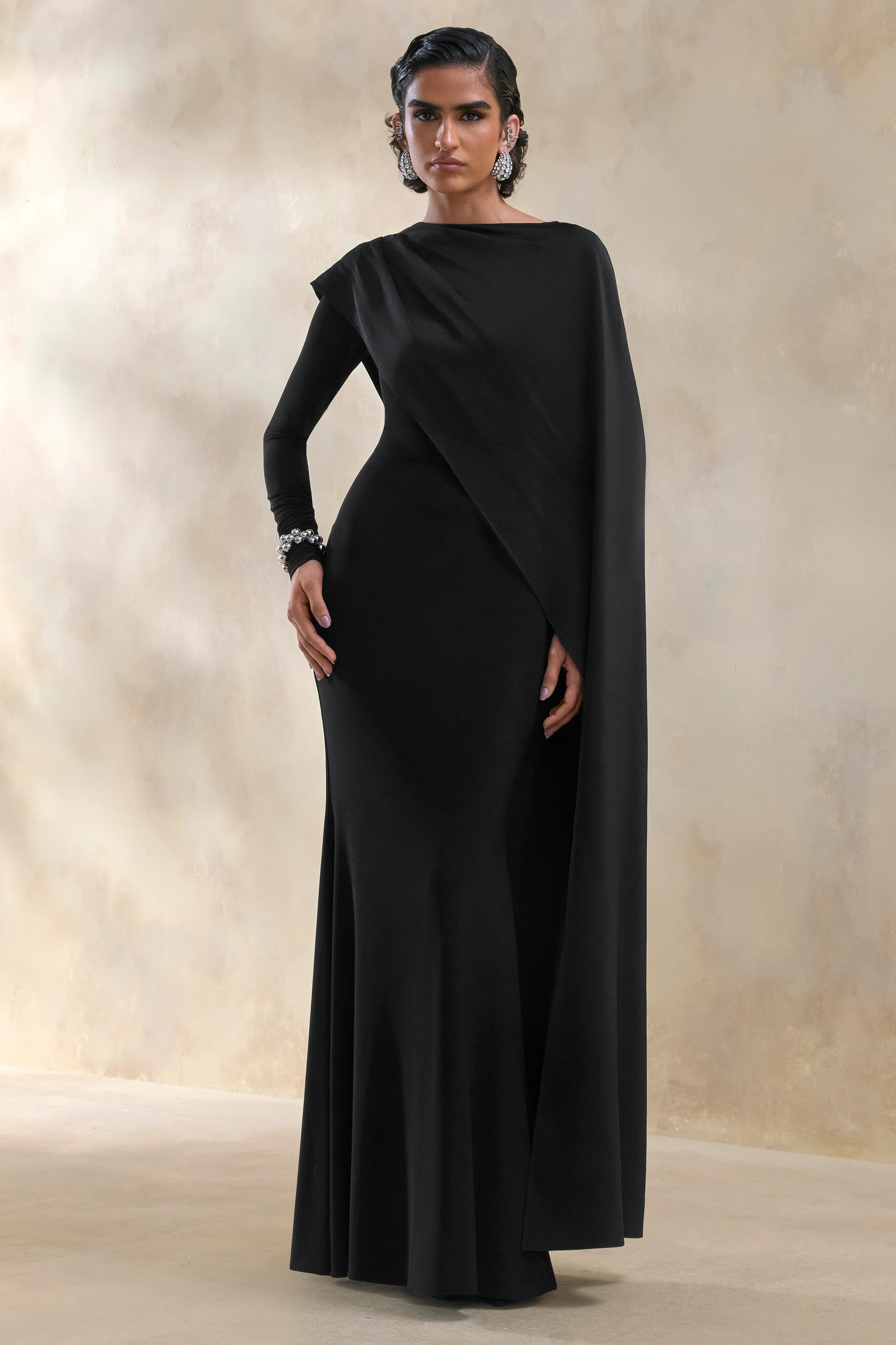 Salenne | Black Wide-Neck Maxi Dress With Satin Asymmetric-Cape | Club L London