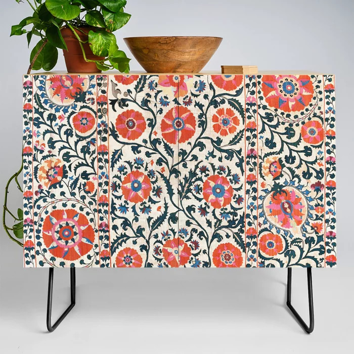 Shakhrisyabz Suzani  Uzbekistan Antique Floral Embroidery Print Credenza | Society6