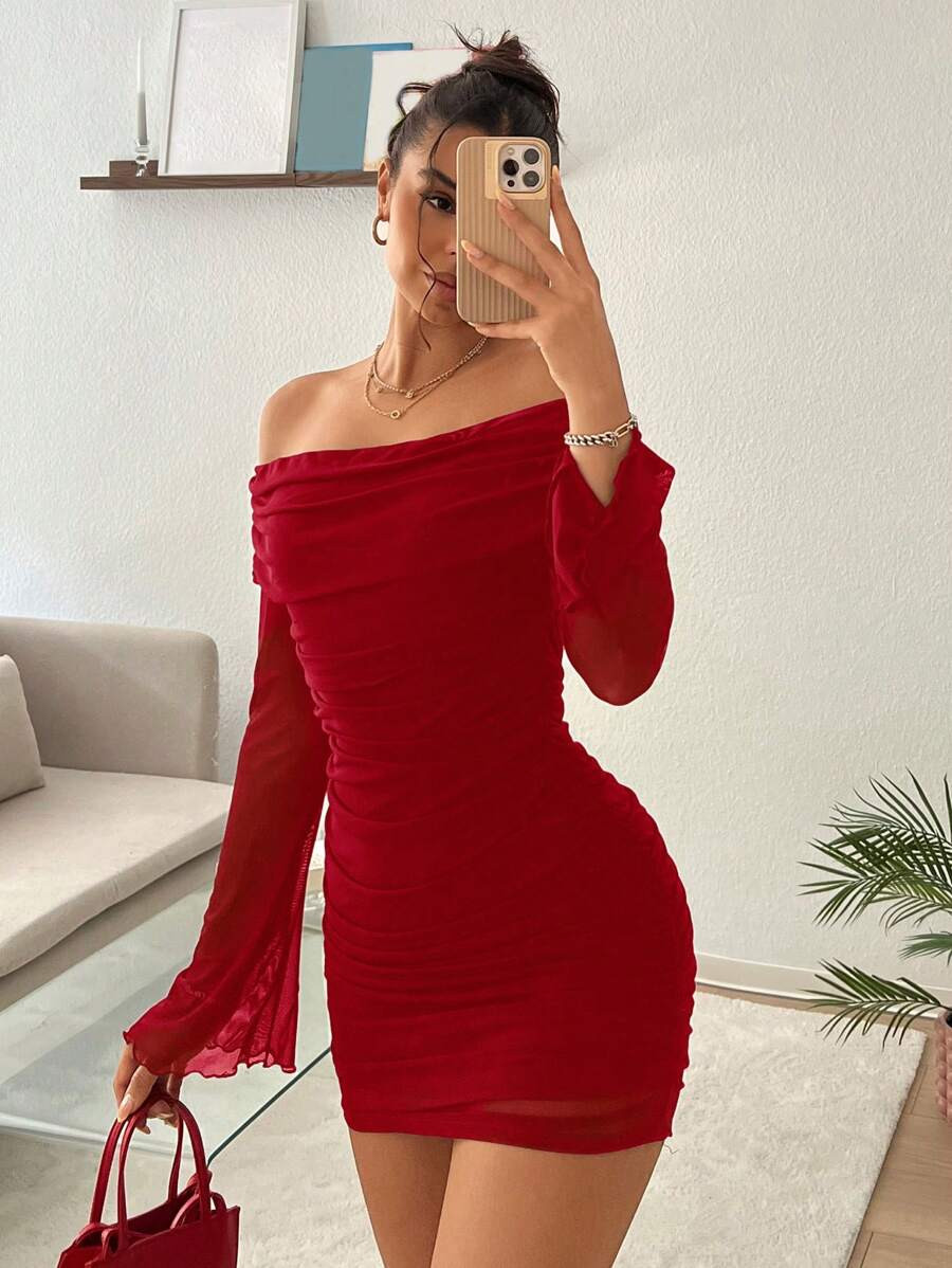 SHEIN EZwear Winter Women's Mesh Off-Shoulder Pleated Glitter Mini Dress, Long Sleeve For Party | SHEIN