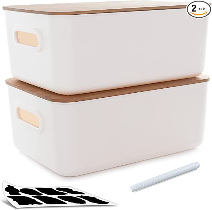 Citylife 2 PCS Storage Bins with Bamboo Lids Plastic Storage Containers for Organizing Stackable ... | Amazon (US)