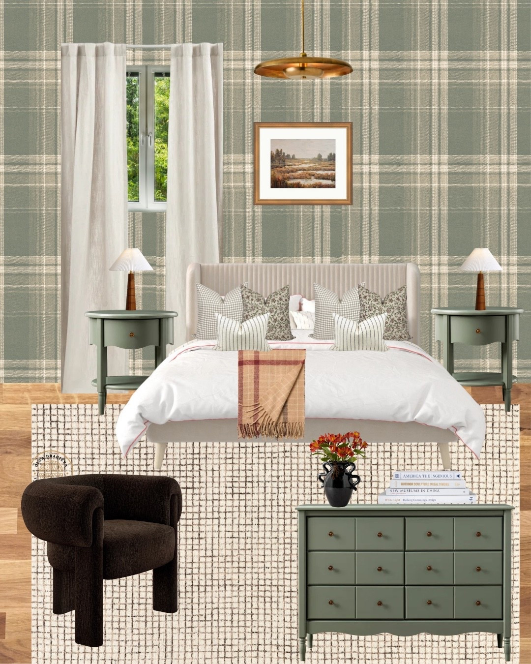 Beautiful and calming bedroom design/mood board. Gorgeous accent chair from Article, green dresser and green nightstands from McGee & Co, neutral rug, brass light fixture, fall wall art. #bedroom #homedrcor #falltrends 

#LTKFamily #LTKHome #LTKSeasonal