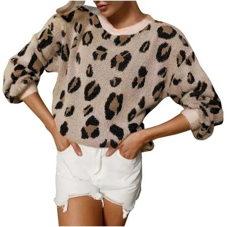 QUYUON Womens Leopard Sweater Print Sweater Women S Long Sleeved V-Neck Casual Fashion Pullover Swea | Walmart (US)