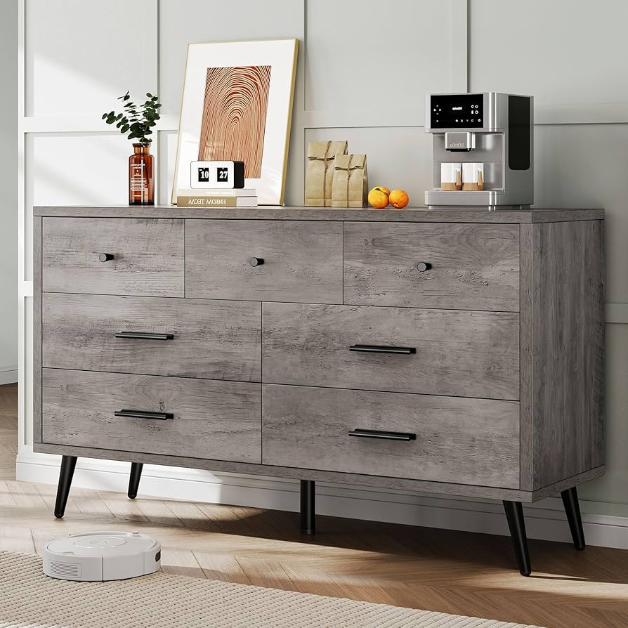 DWVO Grey 7 Drawer Dresser, 47" W Large Double Dresser Chest of Drawers, Modern Wood Storage Dres... | Amazon (US)