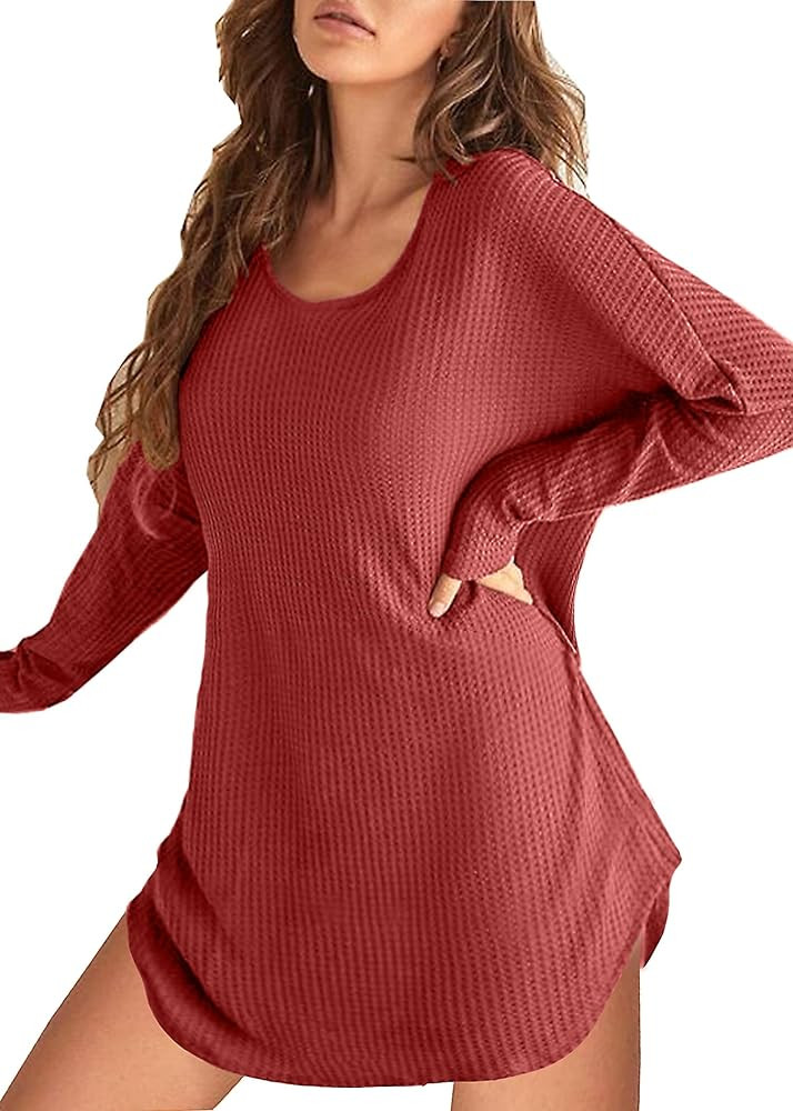 Ekouaer Womens Nightgown Waffle Knit Long Sleeve Nightgown Sleep shirts Night Dress for Women S-XXL | Amazon (US)