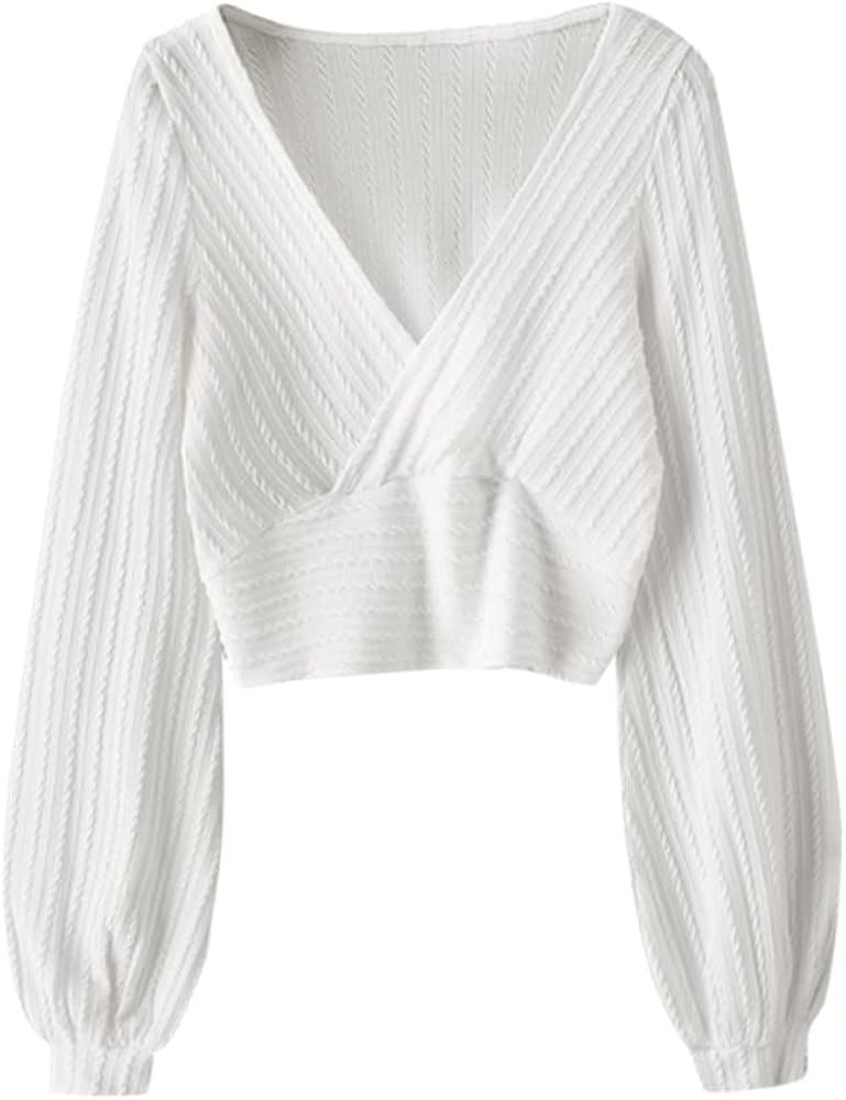 ZAFUL Women's Pullover Ribbed Cropped Knitwear Drawstring Ruched Knitted Crop Top Solid V-Neck Lo... | Amazon (US)