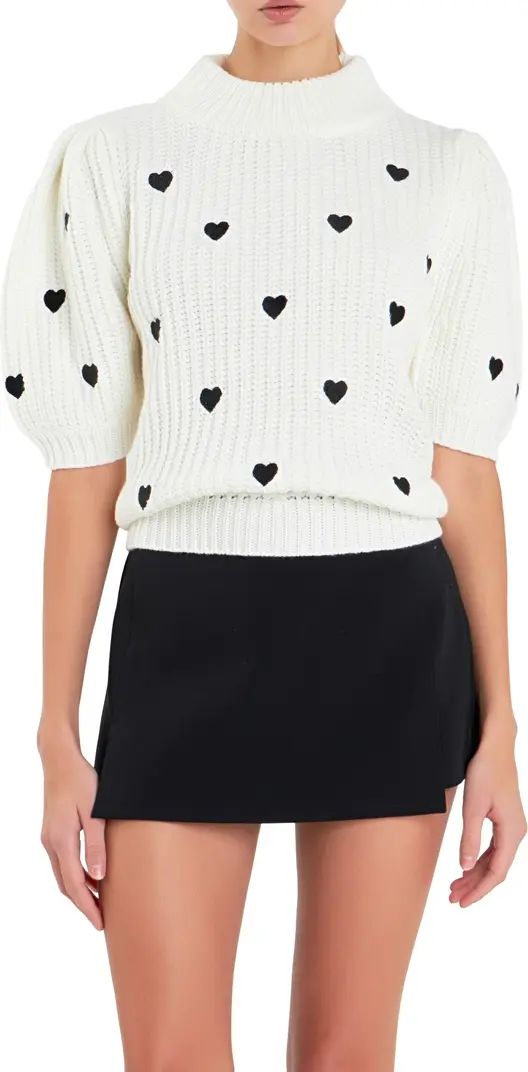 English Factory Heart Embroidered Puff Sleeve Sweater | Nordstrom | Nordstrom