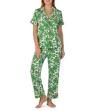 Tropical Floral Print Short Sleeve Notch Collar Jersey Knit Cropped Pajama Set | Dillard's