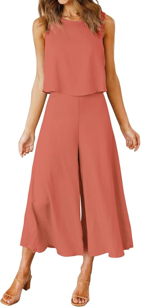 ROYLAMP Women's Summer 2 Piece Outfits Round Neck Crop Basic Top Cropped Wide Leg Pants Set Jumps... | Amazon (US)