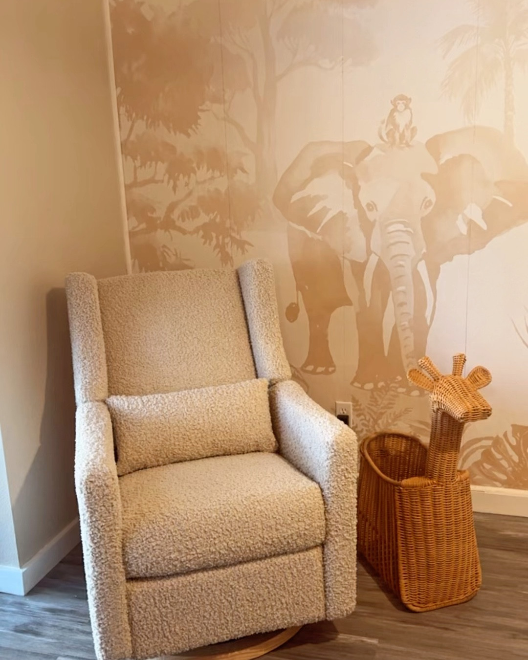 Baby Prada’s Safari Themed Nursery~Babyletto Kiwi Almond Teddy Loop Nursery Power Glider Recliner Chair with Light Wood Base! Glider is on sale now (which is rare) even has a usb port. Also pictured is the safari themed wallpaper mural and Giraffe Rattan Floor Storage Basket. In love with all these items especially the glider as it’s so comfy!!

#LTKBaby #LTKCyberWeek #LTKStyleTip