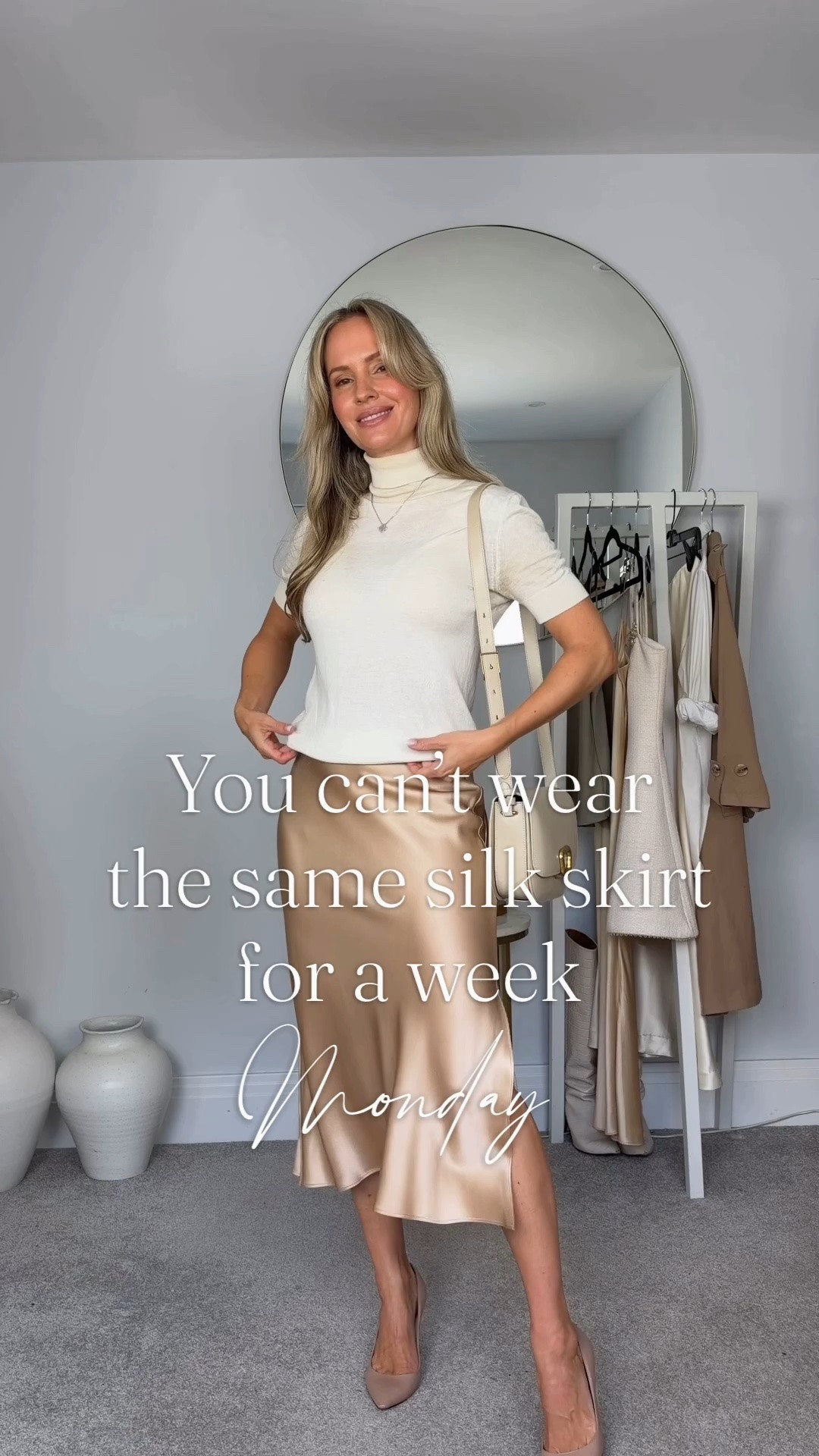 You can’t wear the same silk skirt for a week…

Do you prefer Monday, Tuesday, Wednesday, Thursday or Friday? 

…even though it’s quite a distinctive piece, it can be styled enough ways and with so much variety that I bet you would get away with it. 

If nothing else because it’s too beautiful to actually take off! 

I see a lot of dating versions of these and I have to say that spending that little bit more and getting it in silk is worth the investment. No static, much nicer fall and sheen + all natural material. 

I will like the exact one in my profile. 🤍